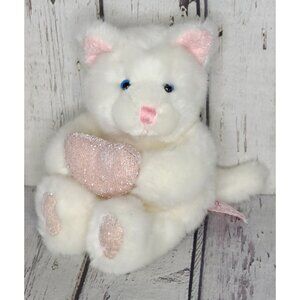 7" Vintage Russ Berrie Opal White Kitten Plush Cat w/ Pink Glitter Heart & Paws